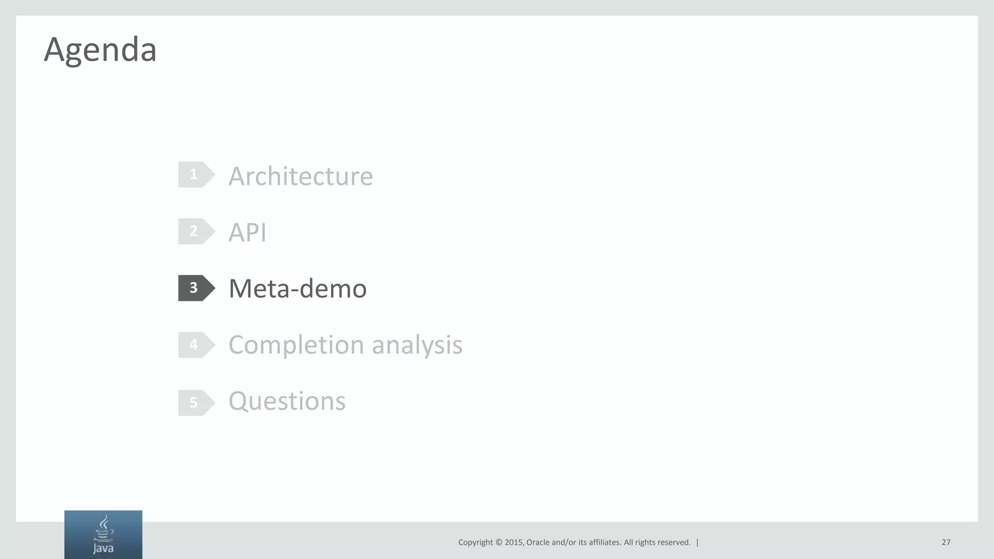 Copyright © 2015, Oracle and/or its affiliates. All rights reserved. | Agenda Architecture API Meta-demo Completion analysis Questions 1 2 3 4 5 27 