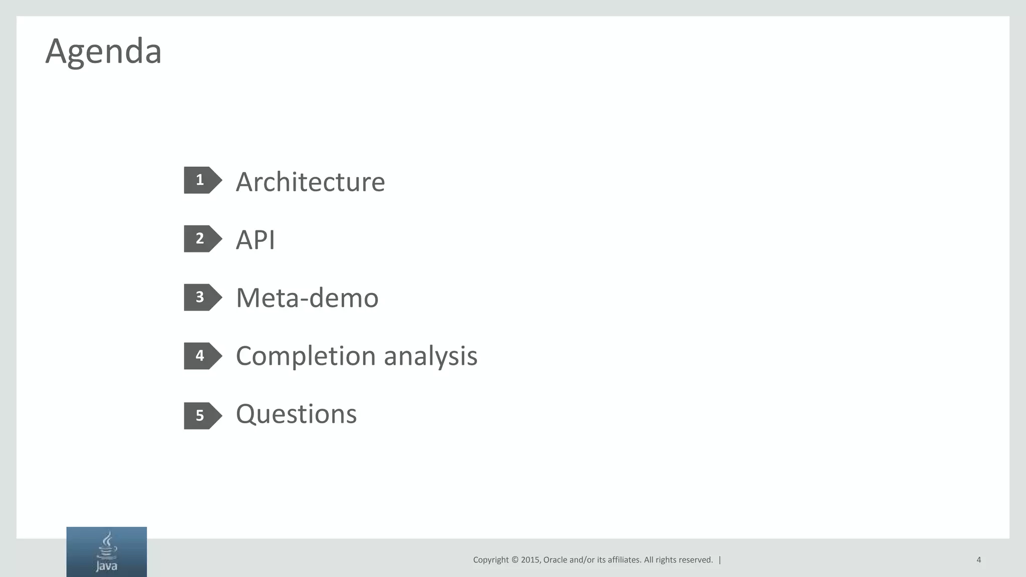 Copyright © 2015, Oracle and/or its affiliates. All rights reserved. | Agenda Architecture API Meta-demo Completion analysis Questions 1 2 3 4 5 4 