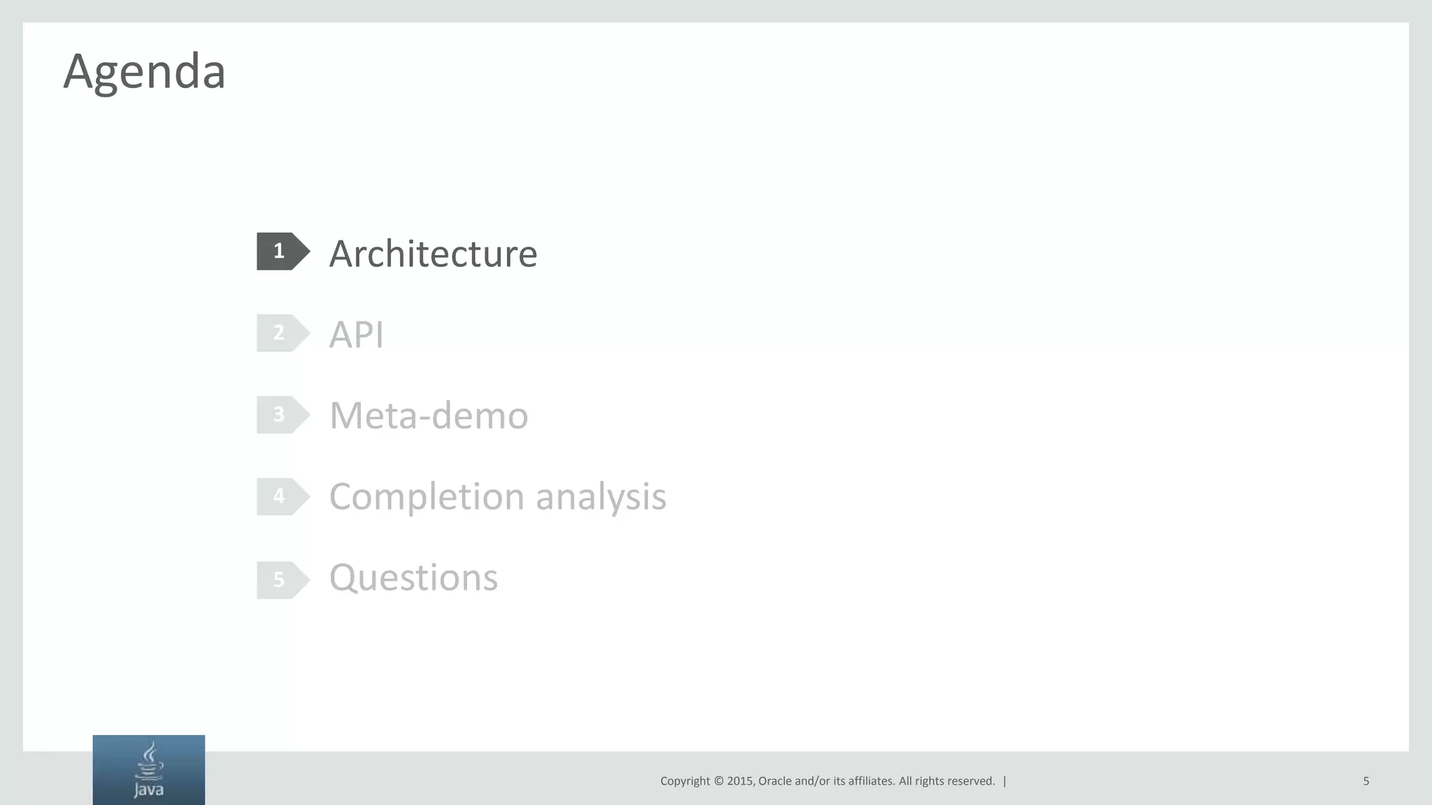 Copyright © 2015, Oracle and/or its affiliates. All rights reserved. | Agenda Architecture API Meta-demo Completion analysis Questions 1 2 3 4 5 5 