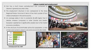 Labour market and employment
 Kyiv has a much lower unemployment rate compared to
Ukraine in general and other cities.
 The employment structure in Kyiv corresponds to the Gross
Regional Product structure in terms of the main number of Kyiv
citizens employed in the service sector.
 An average salary in Kyiv is constantly 50–60% higher than in
Ukraine whereas compared to other Central and Eastern
European capitals Kyiv is significantly weaker due to the market
economy conditions.
 In the structure of economically active Kyiv population, a ratio
of men and women is close to one and is economically stable.
Unemployment rate, 2009
 