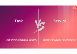 © 2018, Amazon Web Services, Inc. or its Affiliates. All rights reserved.
Task
• коротко-живущие задачи
Service
• долго-живущие приложения
 