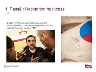 SNCF PROXIMITÉS - TRANSILIEN6
30/05/2015
INNOVATION ET PARTENARIATS
1. Passé : Hackathon hackcess
L’appli NoWay a notammen...