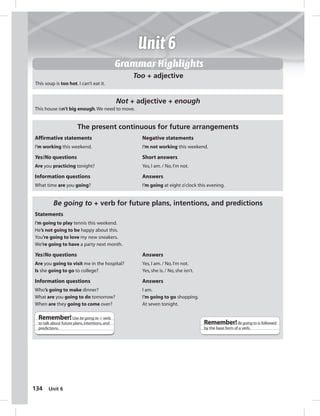 134 Unit 6 
Grammar Highlights 
Too + adjective 
This soup is too hot. I can’t eat it. 
Not + adjective + enough 
This house isn’t big enough. We need to move. 
The present continuous for future arrangements 
Affirmative statements Negative statements 
I’m working this weekend. I’m not working this weekend. 
Yes/No questions Short answers 
Are you practicing tonight? Yes, I am. / No, I’m not. 
Information questions Answers 
What time are you going? I’m going at eight o’clock this evening. 
Be going to + verb for future plans, intentions, and predictions 
Statements 
I’m going to play tennis this weekend. 
He’s not going to be happy about this. 
You’re going to love my new sneakers. 
We’re going to have a party next month. 
Yes/No questions Answers 
Are you going to visit me in the hospital? Yes, I am. / No, I’m not. 
Is she going to go to college? Yes, she is. / No, she isn’t. 
Information questions Answers 
Who’s going to make dinner? I am. 
What are you going to do tomorrow? I’m going to go shopping. 
When are they going to come over? At seven tonight. 
Remember! Use be going to + verb 
to talk about future plans, intentions, and 
predictions. 
Remember! Be going to is followed 
by the base form of a verb. 
 