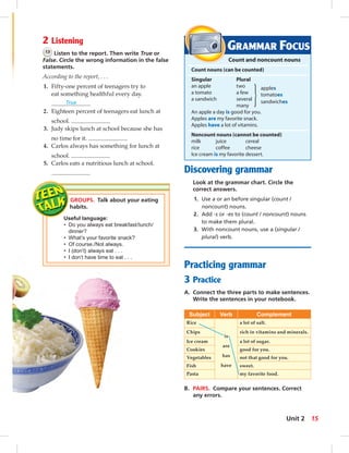 Discovering grammar 
Look at the grammar chart. Circle the 
correct answers. 
1. Use a or an before singular (count / 
noncount) nouns. 
2. Add -s or -es to (count / noncount) nouns 
to make them plural. 
3. With noncount nouns, use a (singular / 
plural) verb. 
Practicing grammar 
3 Practice 
A. Connect the three parts to make sentences. 
Write the sentences in your notebook. 
Subject Verb Complement 
Rice a lot of salt. 
Chips rich in vitamins and minerals. 
Ice cream a lot of sugar. 
Cookies good for you. 
Vegetables not that good for you. 
Fish sweet. 
Pasta my favorite food. 
B. PAIRS. Compare your sentences. Correct 
any errors. 
GROUPS. Talk about your eating 
habits. 
Useful language: 
• Do you always eat breakfast / lunch / 
dinner? 
• What’s your favorite snack? 
• Of course./Not always. 
• I (don’t) always eat . . . 
• I don’t have time to eat . . . 
GRAMMAR FOCUS 
Count and noncount nouns 
Count nouns (can be counted) 
Singular Plural 
an apple two apples 
a tomato a few tomatoes 
a sandwich several sandwiches 
many 
An apple a day is good for you. 
Apples are my favorite snack. 
Apples have a lot of vitamins. 
Noncount nouns (cannot be counted) 
milk juice cereal 
rice coffee cheese 
Ice cream is my favorite dessert. 
is 
are 
has 
have 
2 Listening 
13 Listen to the report. Then write True or 
False. Circle the wrong information in the false 
statements. 
According to the report, . . . 
1. Fifty-one percent of teenagers try to 
eat something healthful every day. 
True 
2. Eighteen percent of teenagers eat lunch at 
school. 
3. Judy skips lunch at school because she has 
no time for it. 
4. Carlos always has something for lunch at 
school. 
5. Carlos eats a nutritious lunch at school. 
Unit 2 15 
014-023_LB2-SB2A_U02.indd 15 8/14/13 3:00 PM 
3:00 PM 
 