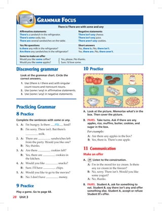 Discovering grammar 
Look at the grammar chart. Circle the 
correct answers. 
1. Use (there is / there are) with singular 
count nouns and noncount nouns. 
2. Use (some / any) in affi rmative statements. 
3. Use (some / any) in negative statements. 
Practicing Grammar 
8 Practice 
Complete the sentences with some or any. 
1. A: I’m hungry. Is there any food? 
B: I’m sorry. There isn’t. But there’s 
milk. 
2. A: There are sandwiches left 
from the party. Would you like one? 
B: No, thanks. 
3. A: Are there cookies left? 
B: Yes, there are cookies in 
the kitchen. 
4. A: Would you like snacks? 
B: Sure. I’ll have chips. 
5. A: Would you like to go to the movies? 
B: No. I don’t have money. 
9 Practice 
Play a game. Go to page 68. 
10 Practice 
GRAMMAR FOCUS 
There is/There are with some and any 
Affi rmative statements Negative statements 
There’s a sandwich in the refrigerator. There isn’t any cheese. 
There’s some soda, too. There isn’t any juice. 
There are several sandwiches on the table. There aren’t any cookies. 
Yes/No questions Short answers 
Is there any milk in the refrigerator? Yes, there is./No, there isn’t. 
Are there any sandwiches in the refrigerator? Yes, there are./No, there aren’t. 
Some to make an offer 
Would you like some coffee? Yes, please./No thanks. 
Would you like some apples? Sure. I’d love some. 
A. Look at the picture. Memorize what’s in the 
box. Then cover the picture. 
B. PAIRS. Take turns. Ask if there are any 
apples, rice, muffi ns, butter, cookies, and 
sugar in the box. 
For example: 
A: Are there any apples in the box? 
B: Yes, there is. There’s one apple. 
11 Communication 
Make an offer 
A. 26 Listen to the conversation. 
A: I’m in the mood for ice cream. Is there 
any ice cream in the freezer? 
B: No, sorry. There isn’t. Would you like 
some yogurt? 
A: No, thanks. 
B. PAIRS. Student A, ask for something to 
eat. Student B, say there isn’t any and offer 
something else. Student A, accept or refuse 
Student B’s offer. 
28 Unit 3 
 