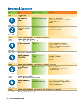 Scope and Sequence 
Unit Title Communication Grammar 
Pages 2–5 Let’s get started. 
Pages 14–20 
Pages 24–31 
Pages 34–40 
Pages 42–49 
Pages 52–58 
iv Scope and Sequence 
The present continuous 
The simple present contrasted with the 
present continuous 
Talk about what’s going on 
now 
Everybody’s waiting 
for us. 
There is / There are with some and any 
Questions with How much and How many 
Expressions of quantity: a little, a few, a lot of, 
not much, not many 
Make an offer 
Meet Alex and his 
fr iends. 
Describe someone’s personality Review of the simple present 
Possessive pronouns: mine, yours (sing.), hers, his, 
ours, yours (pl.), theirs 
Whose? 
Do you have any pizza 
dough? 
Give and follow instructions Count and noncount nouns 
Imperatives (Commands) 
Are there any chips left? 
Adverbs of frequency 
Expressions of frequency 
How often 
Gerunds 
Express preferences: would 
rather 
How often do you go 
rock climbing? 
too + adjective; not + adjective + enough 
Present continuous for future arrangements 
Be going to + verb for future plans, 
intentions, and predictions 
Talk about clothes 
Comment and compliment 
What are you going to 
wear? 
Pages 6–13 
Page 21 
Page 22 
Page 23 
Progress check Units 1 and 2 Test-taking tip: Be prepared. 
Game 1: Stomp, spin, and spell 
Project 1: A snapshot of a great snack 
Pages 32–33 
Page 41 
Wide Angle 1: International treats 
Progress check Units 3 and 4 Test-taking tip: Stay positive and relaxed. 
Page 50 
Page 51 
Game 2: Sentence charades 
Project 2: A snapshot of a special interest 
Page 59 Progress check Units 5 and 6 Test-taking tip: Keep your eyes on your own paper. 
Pages 60–61 Wide Angle 2: What is beauty? 
 