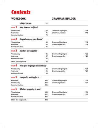 Contents 
WORKBOOK GRAMMAR BUILDER 
Let’s get started. 72 
UNIT 1 Meet Alex and his fr iends. 
Vocabulary 74 Grammar highlights 114 
Grammar 75 Grammar practice 115 
Communication 79 
UNIT 2 Do you have any pizza dough? 
Vocabulary 80 Grammar highlights 118 
Grammar 83 Grammar practice 119 
Communication 85 
UNIT 3 Are there any chips left? 
Vocabulary 86 Grammar highlights 122 
Grammar 87 Grammar practice 123 
Communication 91 
Skills Development 1 92 
UNIT 4 How often do you go rock climbing? 
Vocabulary 94 Grammar highlights 126 
Grammar 96 Grammar practice 127 
Communication 99 
UNIT 5 Everybody’s waiting for us. 
Grammar 100 Grammar highlights 130 
Vocabulary 104 Grammar practice 131 
Communication 105 
UNIT 6 What are you going to wear? 
Vocabulary 106 Grammar highlights 134 
Grammar 107 Grammar practice 135 
Communication 111 
Skills Development 2 112 
 