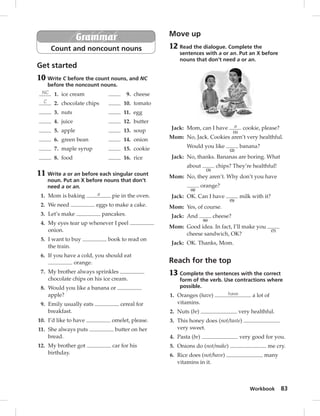 Workbook 83 
Grammar 
Count and noncount nouns 
Get started 
10 Write C before the count nouns, and NC 
before the noncount nouns. 
NC 1. ice cream 9. cheese 
C 2. chocolate chips 10. tomato 
3. nuts 11. egg 
4. juice 12. butter 
5. apple 13. soup 
6. green bean 14. onion 
7. maple syrup 15. cookie 
8. food 16. rice 
11 Write a or an before each singular count 
noun. Put an X before nouns that don’t 
need a or an. 
1. Mom is baking a pie in the oven. 
2. We need eggs to make a cake. 
3. Let’s make pancakes. 
4. My eyes tear up whenever I peel 
onion. 
5. I want to buy book to read on 
the train. 
6. If you have a cold, you should eat 
orange. 
7. My brother always sprinkles 
chocolate chips on his ice cream. 
8. Would you like a banana or 
apple? 
9. Emily usually eats cereal for 
breakfast. 
10. I’d like to have omelet, please. 
11. She always puts butter on her 
bread. 
12. My brother got car for his 
birthday. 
Move up 
12 Read the dialogue. Complete the 
sentences with a or an. Put an X before 
nouns that don’t need a or an. 
Jack: Mom, can I have a 
(1) 
cookie, please? 
Mom: No, Jack. Cookies aren’t very healthful. 
Would you like 
(2) 
banana? 
Jack: No, thanks. Bananas are boring. What 
about 
(3) 
chips? They’re healthful! 
Mom: No, they aren’t. Why don’t you have 
(4) 
orange? 
Jack: OK. Can I have 
(5) 
milk with it? 
Mom: Yes, of course. 
Jack: And 
(6) 
cheese? 
Mom: Good idea. In fact, I’ll make you 
(7) 
cheese sandwich, OK? 
Jack: OK. Thanks, Mom. 
Reach for the top 
13 Complete the sentences with the correct 
form of the verb. Use contractions where 
possible. 
1. Oranges (have) have a lot of 
vitamins. 
2. Nuts (be) very healthful. 
3. This honey does (not/taste) 
very sweet. 
4. Pasta (be) very good for you. 
5. Onions do (not/make) me cry. 
6. Rice does (not/have) many 
vitamins in it. 
 