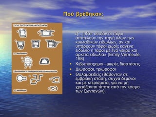 Πού βρέθηκαν;Πού βρέθηκαν;
• ΤάφοιΤάφοι
«[…] Κατ’ ουσίαν οι τάφοι«[…] Κατ’ ουσίαν οι τάφοι
αποτελούν την πηγή όλων τωναποτελούν την πηγή όλων των
κυκλαδικών ειδωλίων, αν καικυκλαδικών ειδωλίων, αν και
υπάρχουν τάφοι χωρίς κανέναυπάρχουν τάφοι χωρίς κανένα
ειδώλιο ή τάφοι με ένα νεκρό καιειδώλιο ή τάφοι με ένα νεκρό και
αρκετά ειδώλια» (αρκετά ειδώλια» (Emily Vermeule,Emily Vermeule,
198198))
• Κιβωτιόσχημοι –μικρές διαστάσειςΚιβωτιόσχημοι –μικρές διαστάσεις
• Διώροφοι, τριώροφοιΔιώροφοι, τριώροφοι
• Θαλαμοειδείς (θάβονταν σεΘαλαμοειδείς (θάβονταν σε
εμβριακή στάση, συχνά δεμένοιεμβριακή στάση, συχνά δεμένοι
και με κτερίσματα, για να μηκαι με κτερίσματα, για να μη
χρειάζονται τίποτε από τον κόσμοχρειάζονται τίποτε από τον κόσμο
των ζωντανών).των ζωντανών).
 