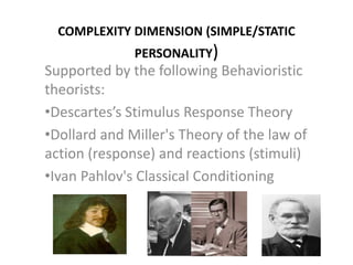 COMPLEXITY DIMENSION (SIMPLE/STATIC
PERSONALITY)
Supported by the following Behavioristic
theorists:
•Descartes’s Stimulus Response Theory
•Dollard and Miller's Theory of the law of
action (response) and reactions (stimuli)
•Ivan Pahlov's Classical Conditioning
 