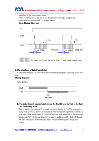 Shenzhen KYL Communication Equipment Co., Ltd
            Shenz                                Co.

    switched to the wrong sleep mode.
    After switching on, users can avoid this error by making a compulsive
    restoration once after the CPU delays 100ms.
    Sleep Timing Diagram:




8. The attentions of data transmission
   a. The delay time (tc) of conversion between transmitting and receiving is less than
1ms.
Timing diagram:




  b. The delay time of transceivers between the first bit sent by TxD to the first
      bit received by RxD.
    Due to a data processing will be made on user’s data by KYL-200L transceiver
    using FEC (Forward Error Correction) or other correction algorithm, when RxD
    of a KYL-200L transceiver ‘A’ receives the data, then transmits it, the other one
    transceiver ‘B’ will have a delay (ts) to receive and transmit by TxD. Different
    RF data rate causes different delay time. Please see the specific delay time
    below:


Fax: +0086-755-83408785
      0086- 755-83408785     kyl03losia@gmail.com       www.rf-data.com              11
 