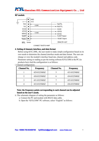 Shenzhen KYL Communication Equipment Co., Ltd
              Shenz                                Co.

RF module




4. Setting of channel, interface, and data format
    Before using KYL-200L, the user needs to make simple configuration based on its
    own needs to determine the channel,interface mode and data format. The user can
    change or view the module's interface baud rate, channel and address code.
    Parameter setting or reading as per the testing software KYLCOM in the PC (in
    products box).And the configuration is as follows:
i. Channel configuration:
    Channel No.         Frequency          Channel No.           Frequency
          1           429.0325MHZ               5              433.0325MHZ
          2           430.0325MHZ               6              434.0325MHZ
          3           431.0325MHZ               7              435.0325MHZ
          4           432.0325MHZ               8              436.0325MHZ

    Note: the frequency points corresponding to each channel can be adjusted
    based on the user’s needs.
                 user’
ii. The schematic diagram of setting the parameter as follows:
      a. Connect the PC and module with RS232 data cable.
      b. Open the “KYLCOM” PC software, select “English” as follows:




Fax: +0086-755-83408785
      0086- 755-83408785    kyl03losia@gmail.com     www.rf-data.com             6
 