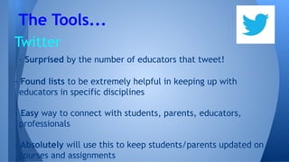 Twitter
- Surprised by the number of educators that tweet!
- Found lists to be extremely helpful in keeping up with
educators in specific disciplines
- Easy way to connect with students, parents, educators,
professionals
- Absolutely will use this to keep students/parents updated on
courses and assignments
The Tools...
 