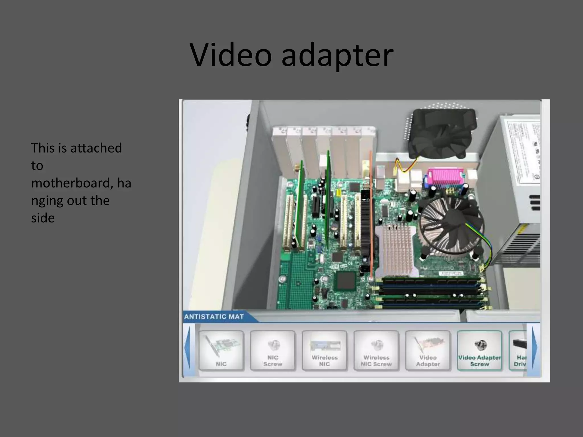 Video adapter
This is attached
to
motherboard, ha
nging out the
side
 
