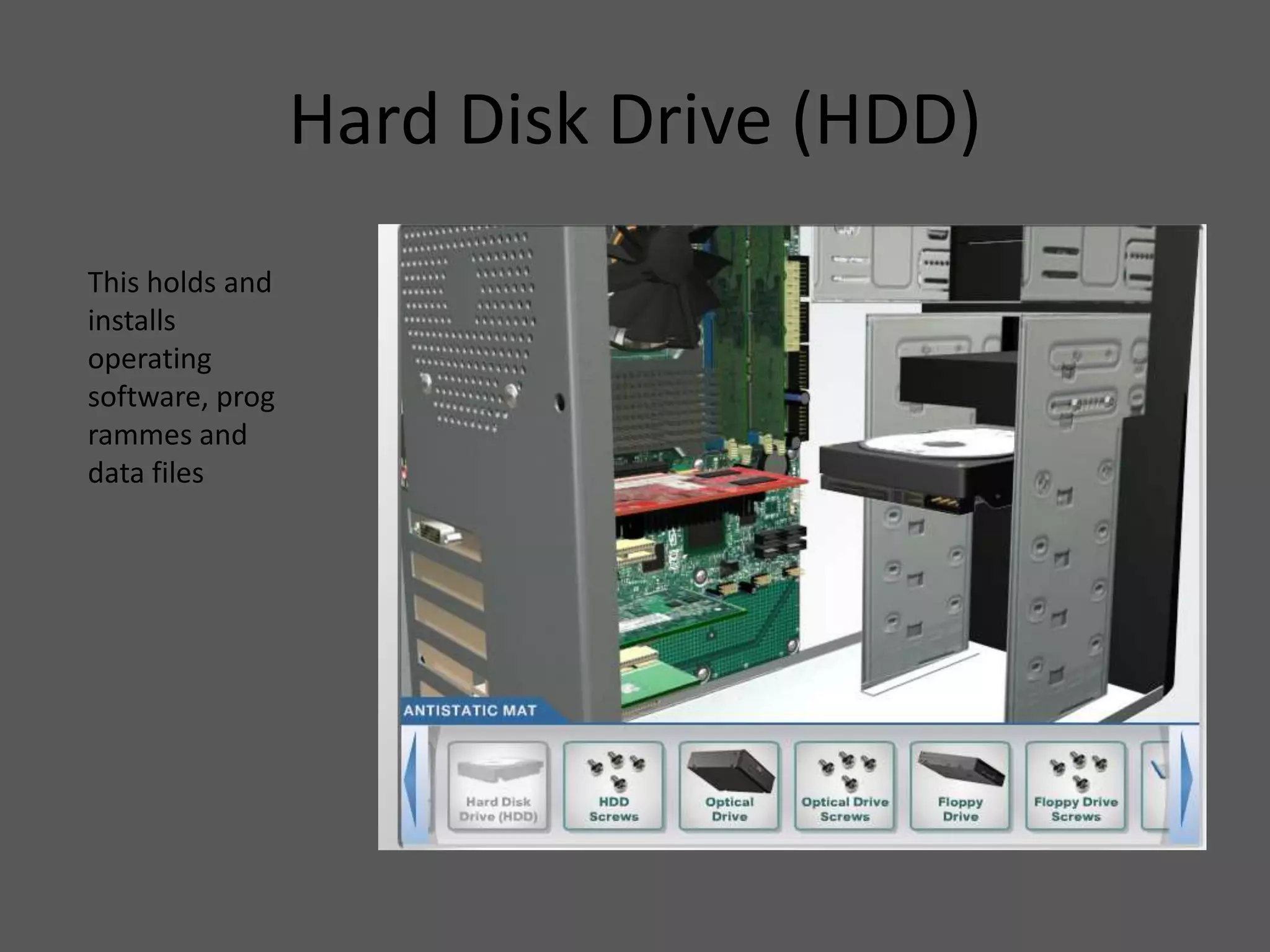 Hard Disk Drive (HDD)
This holds and
installs
operating
software, prog
rammes and
data files
 