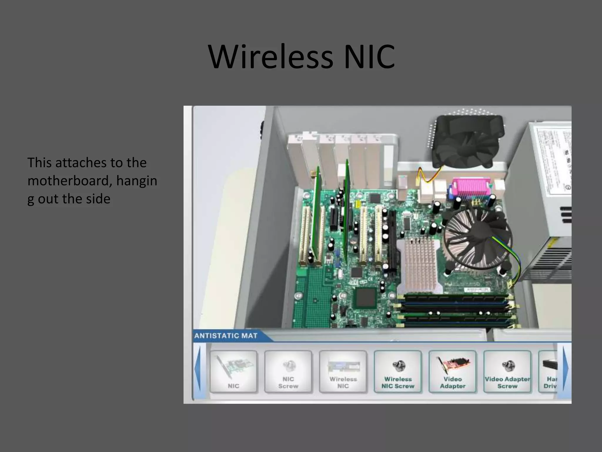 Wireless NIC
This attaches to the
motherboard, hangin
g out the side
 