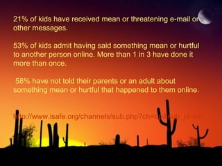 21% of kids have received mean or threatening e-mail or other messages. 53% of kids admit having said something mean or hurtful to another person online. More than 1 in 3 have done it more than once. 58% have not told their parents or an adult about something mean or hurtful that happened to them online. http://www.isafe.org/channels/sub.php?ch=op&sub_id=media_cyber_bullying 
