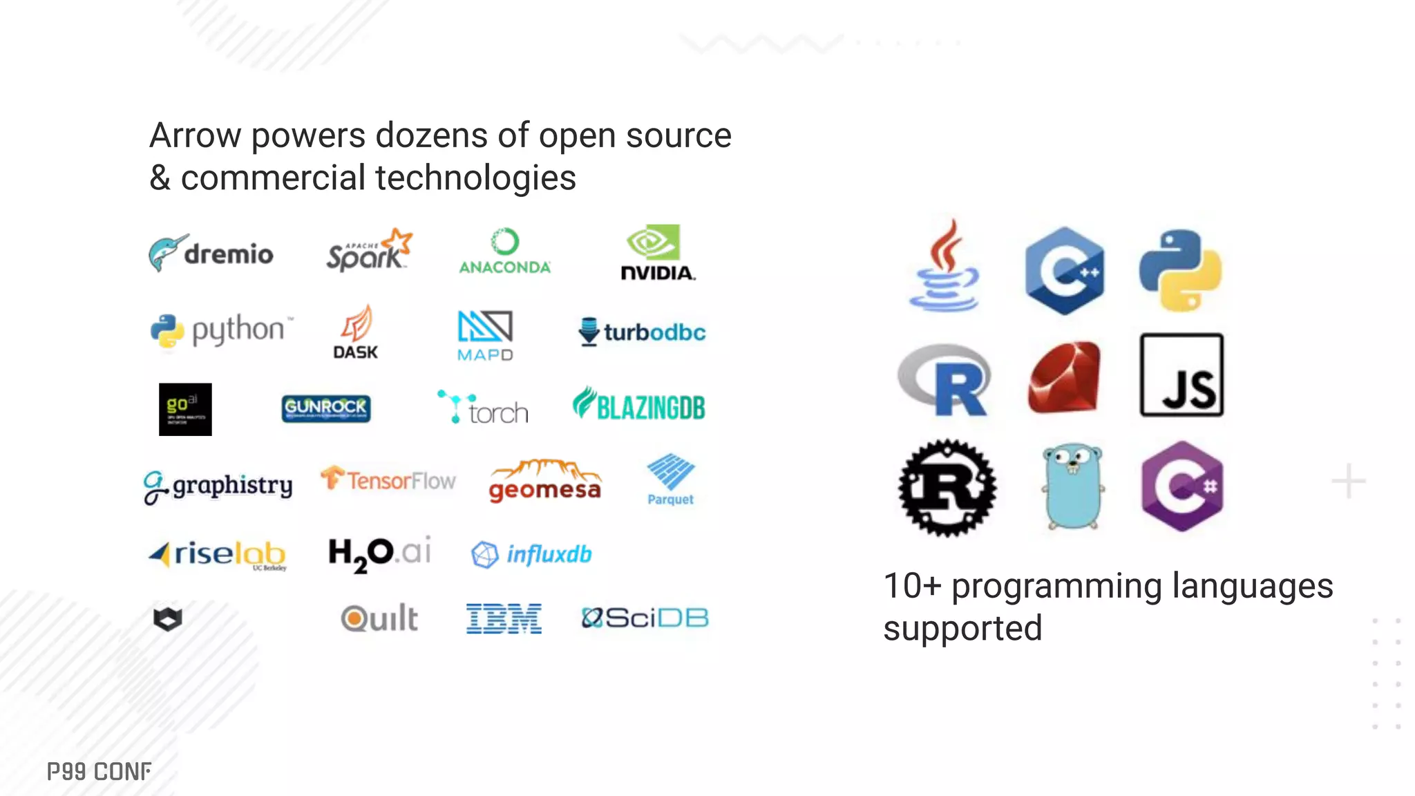 Arrow powers dozens of open source & commercial technologies 10+ programming languages supported 