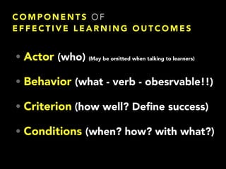 C O M P O N E N T S O F  
E F F E C T I V E L E A R N I N G O U T C O M E S
• Actor (who) (May be omitted when talking to learners)
• Behavior (what - verb - obesrvable!!)
• Criterion (how well? Deﬁne success)
• Conditions (when? how? with what?)
 