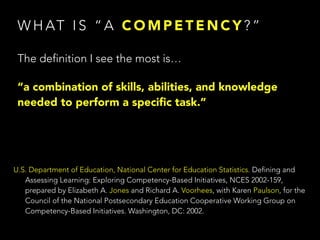 W H AT I S “ A C O M P E T E N C Y ? ”
The definition I see the most is…
“a combination of skills, abilities, and knowledge
needed to perform a speciﬁc task.”
U.S. Department of Education, National Center for Education Statistics. Defining and 
Assessing Learning: Exploring Competency-Based Initiatives, NCES 2002-159, 
prepared by Elizabeth A. Jones and Richard A. Voorhees, with Karen Paulson, for the 
Council of the National Postsecondary Education Cooperative Working Group on 
Competency-Based Initiatives. Washington, DC: 2002.
 