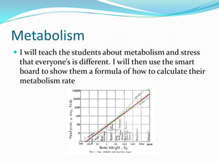 MetabolismI will teach the students about metabolism and stress that everyone’s is different. I will then use the smart board to show them a formula of how to calculate their metabolism rate