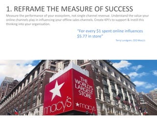 1. REFRAME THE MEASURE OF SUCCESS
Measure the performance of your ecosystem, not single channel revenue. Understand the value your
online channels play in influencing your offline sales channels. Create KPI’s to support & instill this
thinking into your organisation.
“For every $1 spent online influences
$5.77 in store”
Terry Lundgren, CEO Macy’s, Apple
 