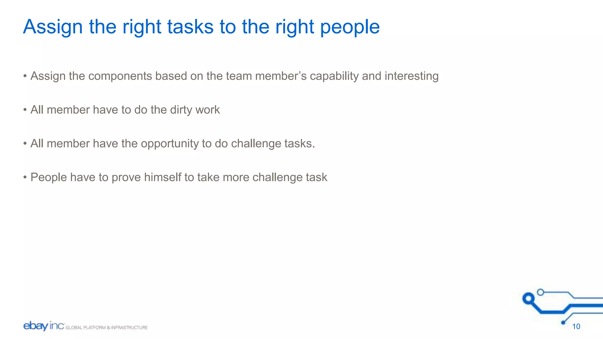Assign the right tasks to the right people 
• Assign the components based on the team member’s capability and interesting 
• All member have to do the dirty work 
• All member have the opportunity to do challenge tasks. 
• People have to prove himself to take more challenge task 
10 
 