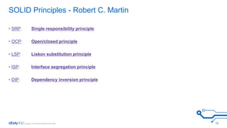 SOLID Principles - Robert C. Martin 
• SRP: Single responsibility principle 
• OCP: Open/closed principle 
• LSP: Liskov substitution principle 
• ISP: Interface segregation principle 
• DIP: Dependency inversion principle 
15 
 