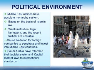 POLITICAL ENVIRONMENT
 Middle East nations have
absolute monarchy system.
 Bases on the basis of Islamic
   law.
 Weak ...