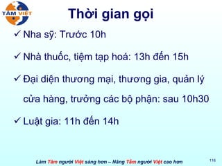 Thời gian gọi Nha sỹ: Trước 10h Nhà thuốc, tiệm tạp hoá: 13h đến 15h Đại diện thương mại, thương gia, quản lý cửa hàng, trưởng các bộ phận: sau 10h30 Luật gia: 11h đến 14h 