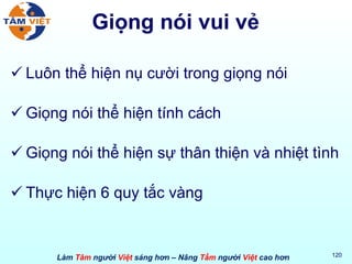 Giọng nói vui vẻ Luôn thể hiện nụ cười trong giọng nói Giọng nói thể hiện tính cách Giọng nói thể hiện sự thân thiện và nhiệt tình Thực hiện 6 quy tắc vàng 