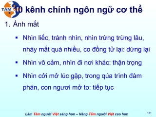 10 kênh chính ngôn ngữ cơ thể Ánh mắt Nhìn liếc, tránh nhìn, nhìn trừng trừng lâu, nháy mắt quá nhiều, co đồng tử lại: dừng lại Nhìn vô cảm, nhìn đi nơi khác: thận trọng Nhìn cởi mở lúc gặp, trong qúa trình đàm phán, con ngươi mở to: tiếp tục 