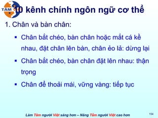 10 kênh chính ngôn ngữ cơ thể Chân và bàn chân: Chân bắt chéo, bàn chân hoặc mắt cá kề nhau, đặt chân lên bàn, chân ẻo lả: dừng lại Chân bắt chéo, bàn chân đặt lên nhau: thận trọng Chân để thoải mái, vững vàng: tiếp tục 