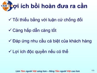 Lợi ích bồi hoàn đưa ra cần Tối thiểu bằng với luận cứ chống đối Càng hấp dẫn càng tốt Đáp ứng nhu cầu cá biệt của khách hàng Lợi ích độc quyền nếu có thể 