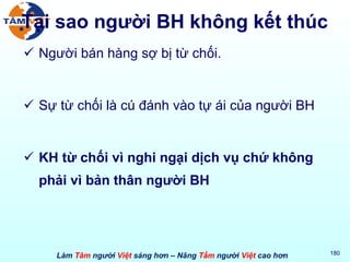Tại sao người BH không kết thúc Người bán hàng sợ bị từ chối. Sự từ chối là cú đánh vào tự ái của người BH KH từ chối vì nghi ngại dịch vụ chứ không phải vì bản thân người BH 