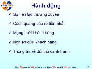 Hành động Sự liên lạc thường xuyên Cách quảng cáo rẻ tiền nhất Mạng lưới khách hàng Nghiên cứu khách hàng Thông tin về đối thủ cạnh tranh 