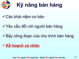 Kỹ năng bán hàng Các khái niệm cơ bản Yêu cầu đối với người bán hàng Bảy công đoạn của chu trình bán hàng Kế hoạch cá nhân 