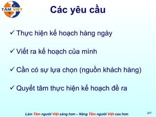 Các yêu cầu Thực hiện kế hoạch hàng ngày Viết ra kế hoạch của mình Cần có sự lựa chọn (nguồn khách hàng) Quyết tâm thực hiện kế hoạch đề ra 