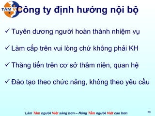 Công ty định hướng nội bộ Tuyên dương người hoàn thành nhiệm vụ Làm cấp trên vui lòng chứ không phải KH Thăng tiến trên cơ sở thâm niên, quan hệ Đào tạo theo chức năng, không theo yêu cầu 