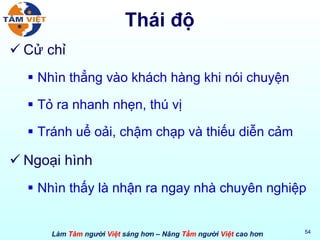Thái độ Cử chỉ Nhìn thẳng vào khách hàng khi nói chuyện Tỏ ra nhanh nhẹn, thú vị  Tránh uể oải, chậm chạp và thiếu diễn cảm Ngoại hình Nhìn thấy là nhận ra ngay nhà chuyên nghiệp 