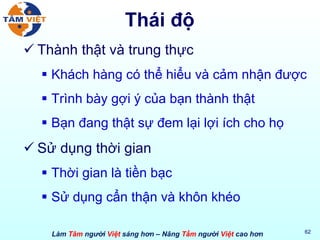 Thái độ Thành thật và trung thực Khách hàng có thể hiểu và cảm nhận được Trình bày gợi ý của bạn thành thật  Bạn đang thật sự đem lại lợi ích cho họ Sử dụng thời gian Thời gian là tiền bạc Sử dụng cẩn thận và khôn khéo 