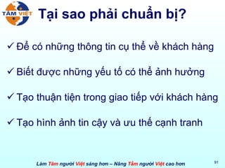 Tại sao phải chuẩn bị? Để có những thông tin cụ thể về khách hàng Biết được những yếu tố có thể ảnh hưởng Tạo thuận tiện trong giao tiếp với khách hàng Tạo hình ảnh tin cậy và ưu thế cạnh tranh 