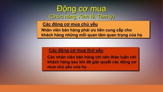 ??ng c? mua (Ch?c n?ng, Kinh t?, T?m l?) 
Cc ??ng c? mua ch? y?u 
Nh?n vin bn hng ph?i ?u tin cung c?p cho khch hng nh?ng m?i quan t?m quan tr?ng c?a h? 
Cc ??ng c? mua th? y?u 
Cc nh?n vin bn hng ch? nn th?o lu?n v?i khch hng sau khi ?? gi?i quy?t cc ??ng c? mua ch? y?u c?a h?  