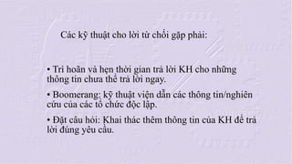 Cc k? thu?t cho l?i t? ch?i g?p ph?i: 
? Tr ho?n v h?n th?i gian tr? l?i KH cho nh?ng th?ng tin ch?a th? tr? l?i ngay. 
? Boomerang: k? thu?t vi?n d?n cc th?ng tin/nghin c?u c?a cc t? ch?c ??c l?p. 
? ??t c?u h?i: Khai thc thm th?ng tin c?a KH ?? tr? l?i ?ng yu c?u.  