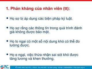 11
1. Phản kháng của nhân viên (tt):
 Họ sợ bị áp dụng các biện pháp kỷ luật.
 Họ sợ rằng các thông tin trong quá trình đánh
giá không được bảo mật.
 Họ lo ngại có một số nội dung khó có thể đo
lường được.
 Họ e ngại, việc thừa nhận sai sót khó được
tăng lương và khen thưởng.
 