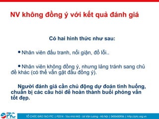 33
NV không đồng ý với kết quả đánh giá
Có hai hình thức như sau:
Nhân viên đấu tranh, nổi giận, đổ lỗi..
Nhân viên không đồng ý, nhưng lảng tránh sang chủ
đề khác (có thể vẫn gật đầu đồng ý).
Người đánh giá cần chủ động dự đoán tình huống,
chuẩn bị các câu hỏi để hoàn thành buổi phỏng vấn
tốt đẹp.
 