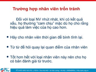 34
Trường hợp nhân viên trốn tránh
Đối với loại NV nhút nhát, khi có kết quả
xấu, họ thường “cam chịu” mặc dù họ cho rằng
hiệu quả làm việc của họ cao hơn.
 Hãy cho nhân viên thời gian để bình tĩnh lại.
 Từ từ để hỏi quay lại quan điểm của nhân viên
 Tốt hơn hết với loại nhân viên này nên cho họ
có bản đánh giá từ trước.
 