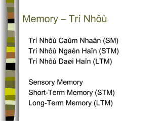 Memory – Trí Nhôù 
 Trí Nhôù Caûm Nhaän (SM) 
 Trí Nhôù Ngaén Haïn (STM) 
 Trí Nhôù Daøi Haïn (LTM) 
 Sensory Memory 
 Short-Term Memory (STM) 
 Long-Term Memory (LTM) 
 