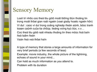 Sensory Memory 
 Loaïi trí nhôù coù theå löu giöõ moät löôïng lôùn thoâng tin 
trong moät thôøi gian raát ngaén (vaøi giaây hoaëc ngaén hôn) 
 Ví duï : caùc ví duï trong coâng nghieäp ñieän aûnh, böùc tranh 
toaøn caûnh cuûa tia chôùp, tieáng voïng kyù öùc, v.v… 
 Coù theå löu giöõ raát nhieàu thoâng tin theo möùc ñoä baïn 
ñeå taâm ñeán 
 Vaán ñeà veà thôøi haïn 
 A type of memory that stores a large amounts of information for 
very brief periods (a few seconds of less) 
 Example: movie industry, the whole picture of the lightning, 
echoes of sound in your mind... 
 Can hold as much information as you attend to. 
 Problem with its duration 
 