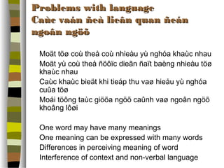 PPrroobblleemmss wwiitthh llaanngguuaaggee 
CCaaùùcc vvaaáánn ññeeàà lliieeâânn qquuaann ññeeáánn 
nnggooâânn nnggööõõ 
 Moät töø coù theå coù nhieàu yù nghóa khaùc nhau 
 Moät yù coù theå ñöôïc dieãn ñaït baèng nhieàu töø 
khaùc nhau 
 Caùc khaùc bieät khi tieáp thu vaø hieåu yù nghóa 
cuûa töø 
 Moái töông taùc giöõa ngöõ caûnh vaø ngoân ngöõ 
khoâng lôøi 
 One word may have many meanings 
 One meaning can be expressed with many words 
 Differences in perceiving meaning of word 
 Interference of context and non-verbal language 
 